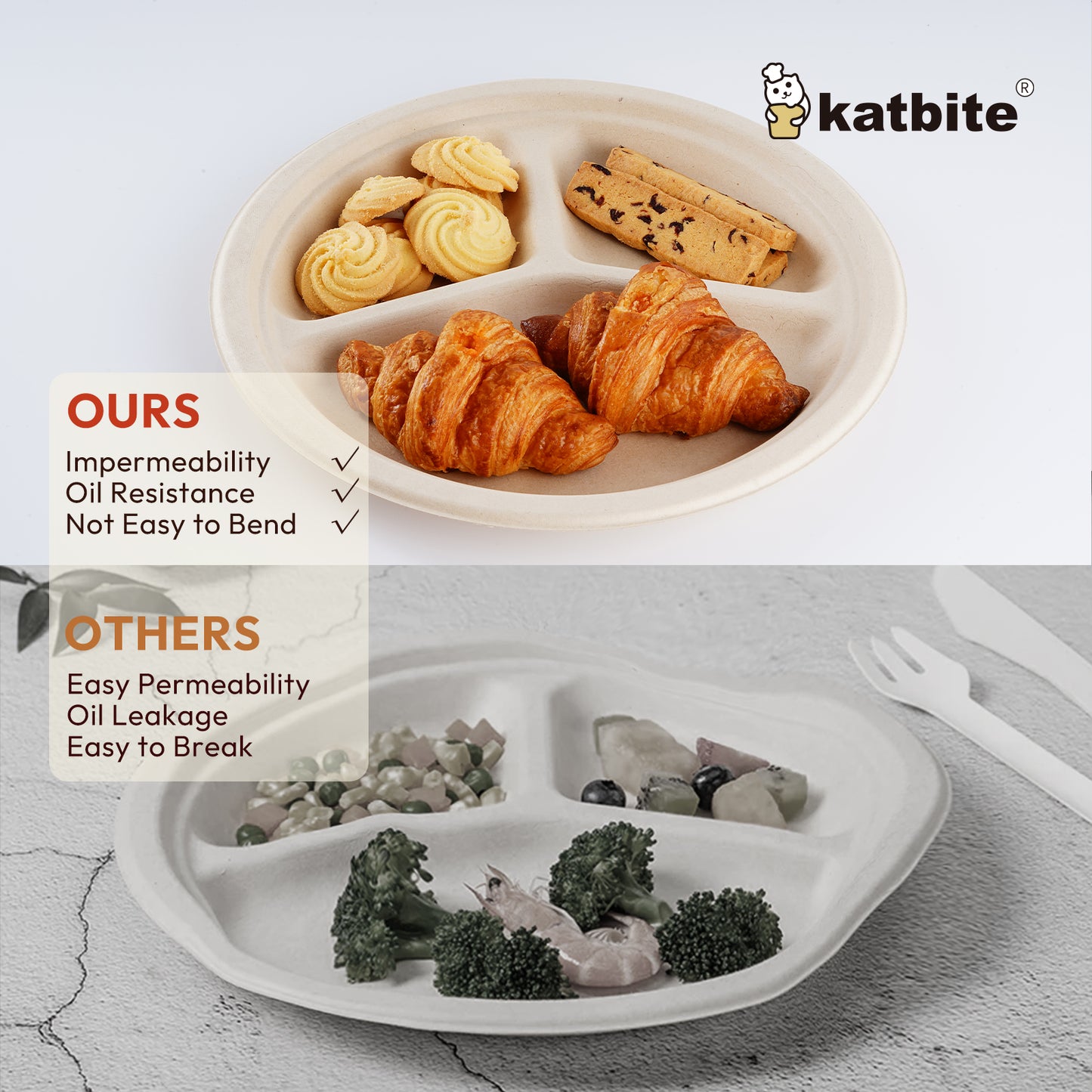 Katbite Disposable Paper Plates 3-Compartment Plates, 10 Inch, 100 Count