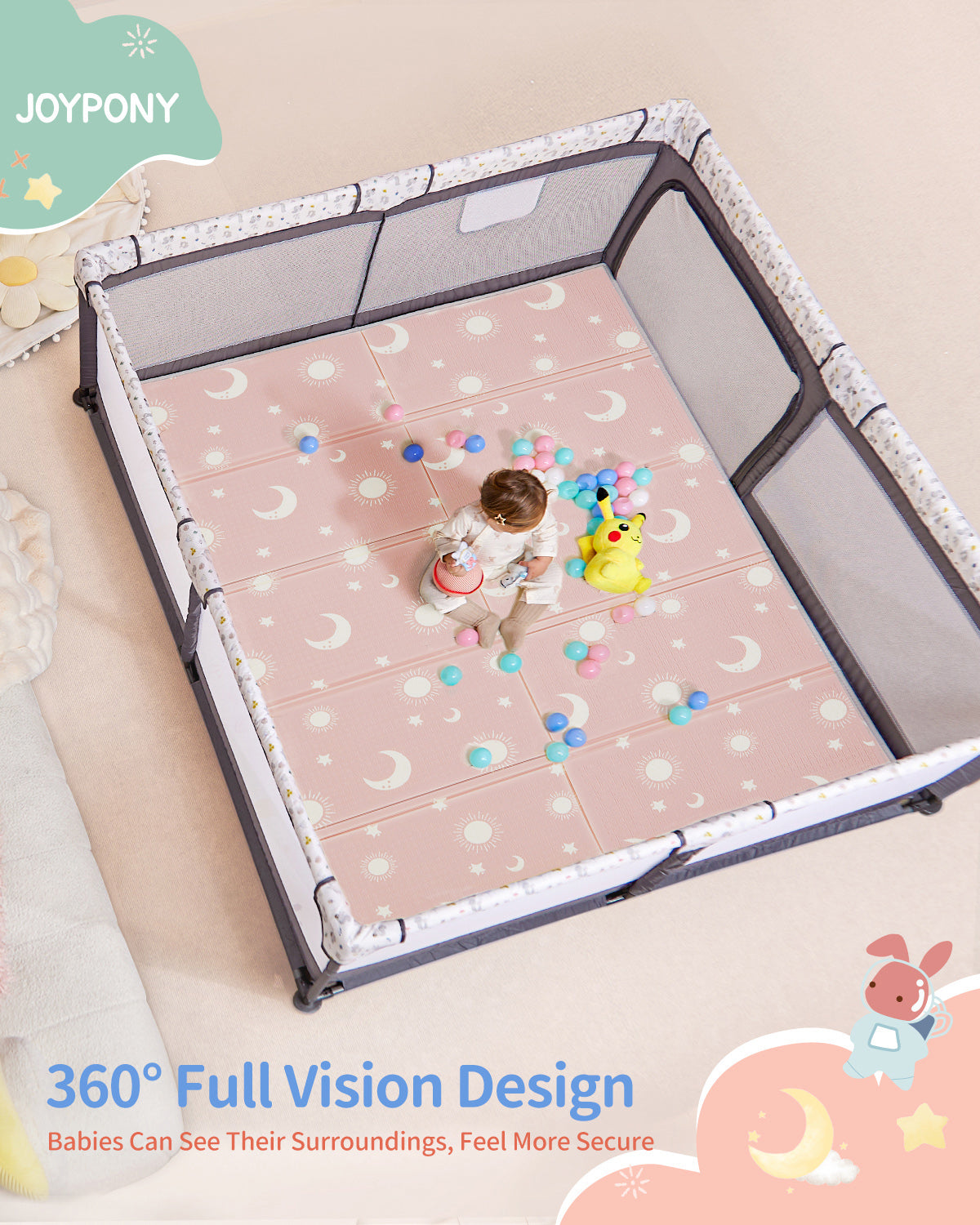 Jonpony Baby Playpen with Mat, 50"x50" Foldable Playpen for Babies and Toddlers, Indoor & Outdoor Play Yard, Brown