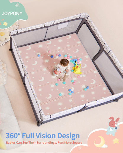 Jonpony Baby Playpen with Mat, 50"x50" Foldable Playpen for Babies and Toddlers, Indoor & Outdoor Play Yard, Brown