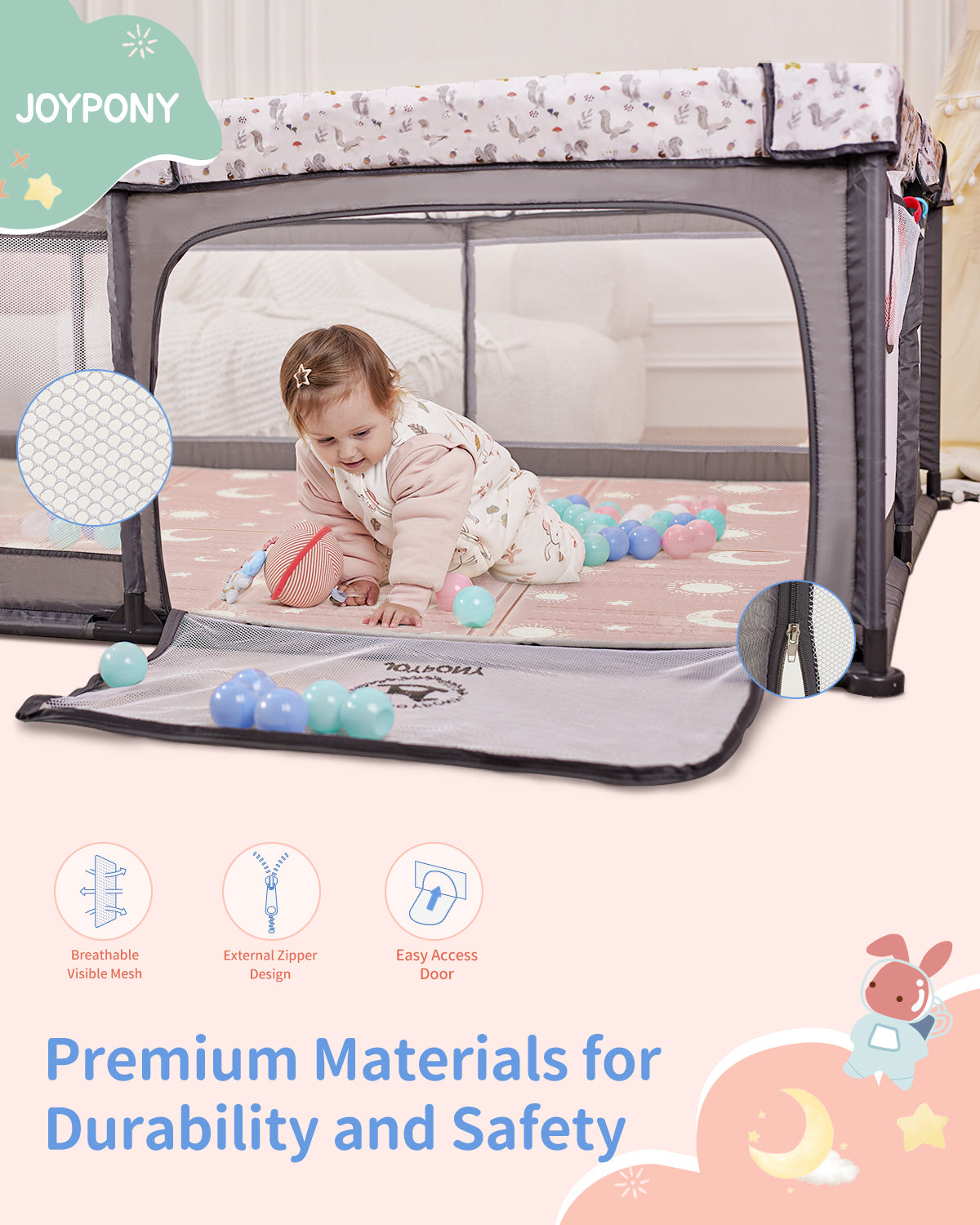 Joypony 50x50 inch Baby Playpen with Baby Mat - Large Playpen for Babies and Toddlers with Soft Mesh Walls - Kids Activity Center