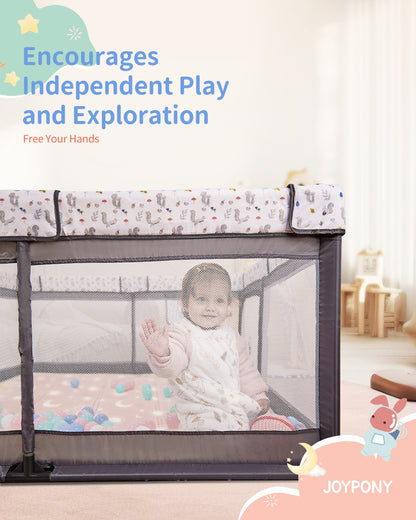 Jonpony Baby Playpen with Mat, 50"x50" Foldable Playpen for Babies and Toddlers, Indoor & Outdoor Play Yard, Brown