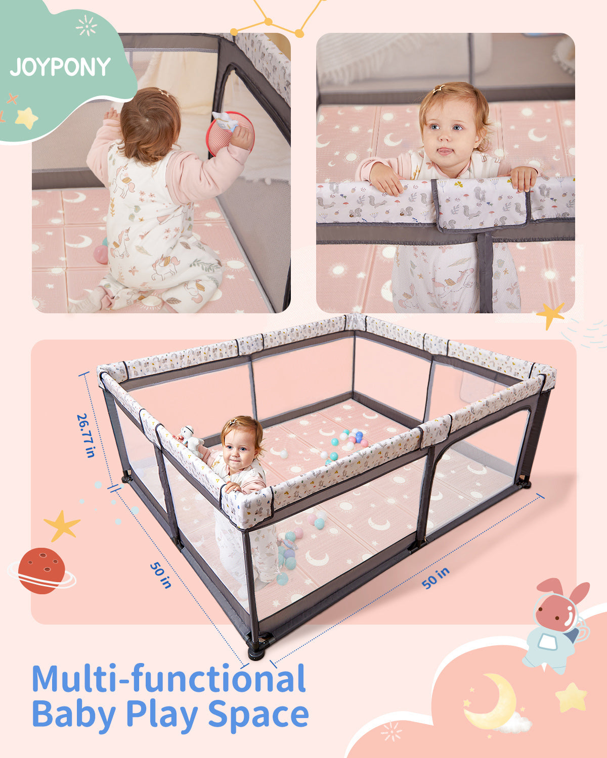 Jonpony Baby Playpen with Mat, 50"x50" Foldable Playpen for Babies and Toddlers, Indoor & Outdoor Play Yard, Brown