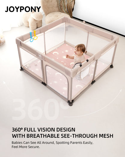 Joypony Large Baby Playpen with Mat, 50 x 50 x 27 in, Breathable Mesh, Anti-Slip Base