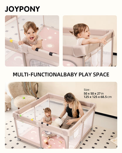 Joypony Large Baby Playpen with Mat, 50 x 50 x 27 in, Breathable Mesh, Anti-Slip Base
