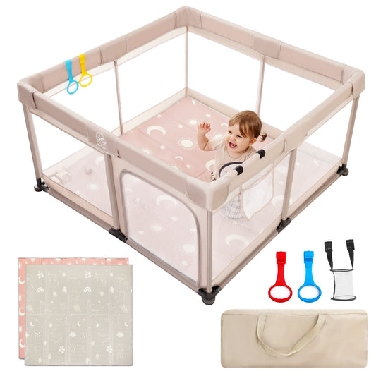 Joypony Large Baby Playpen with Mat, 50 x 50 x 27 in, Breathable Mesh, Anti-Slip Base