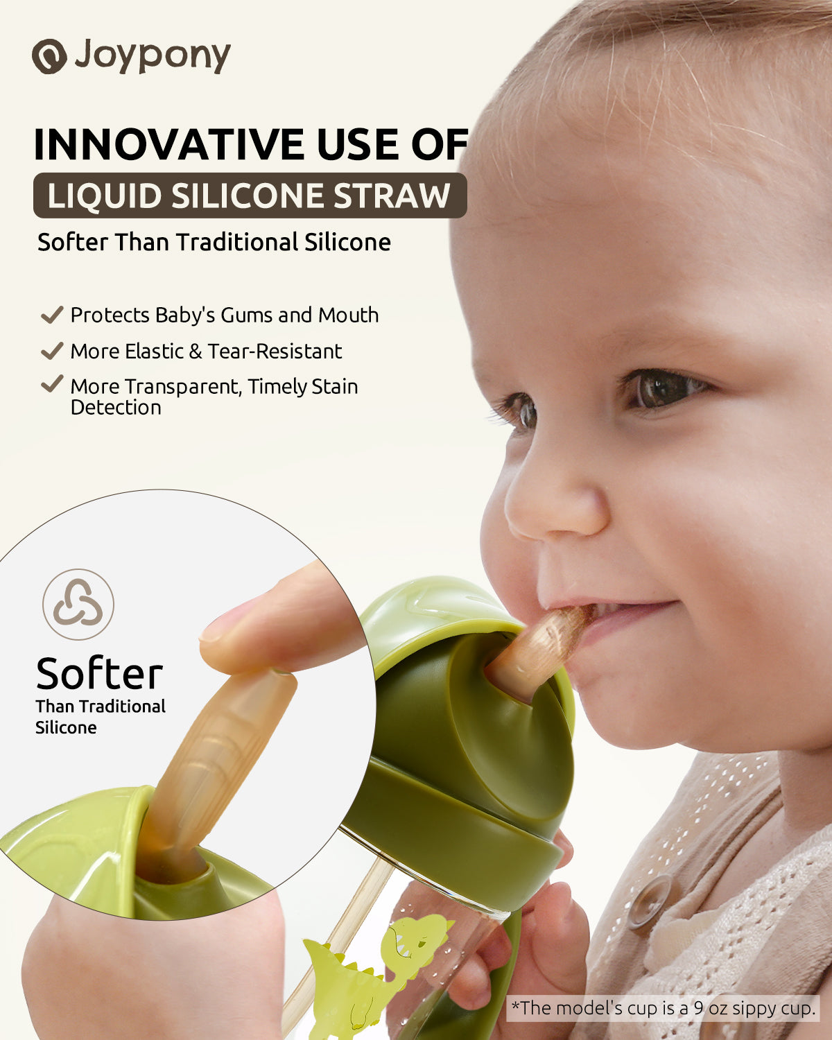 Joypony Baby Sippy Cups 6-12 Months, Spill Proof Weighted Straw Cup with Handle for Toddlers 1-3, 2 Silicone Straws, PPSU, BPA Free, 6 oz (Green)