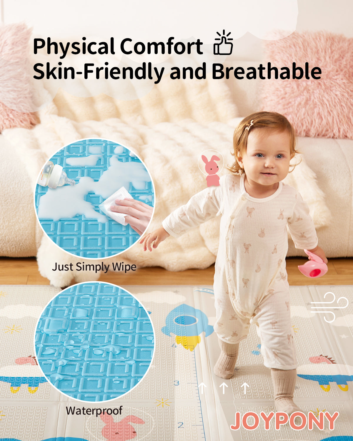 Joypony Baby Play Mat, 47 x 47 inch Reversible Waterproof Foldable Foam Mat for Tummy Time and Crawling, Anti-Slip, with Travel Bag, Indoor/Outdoor