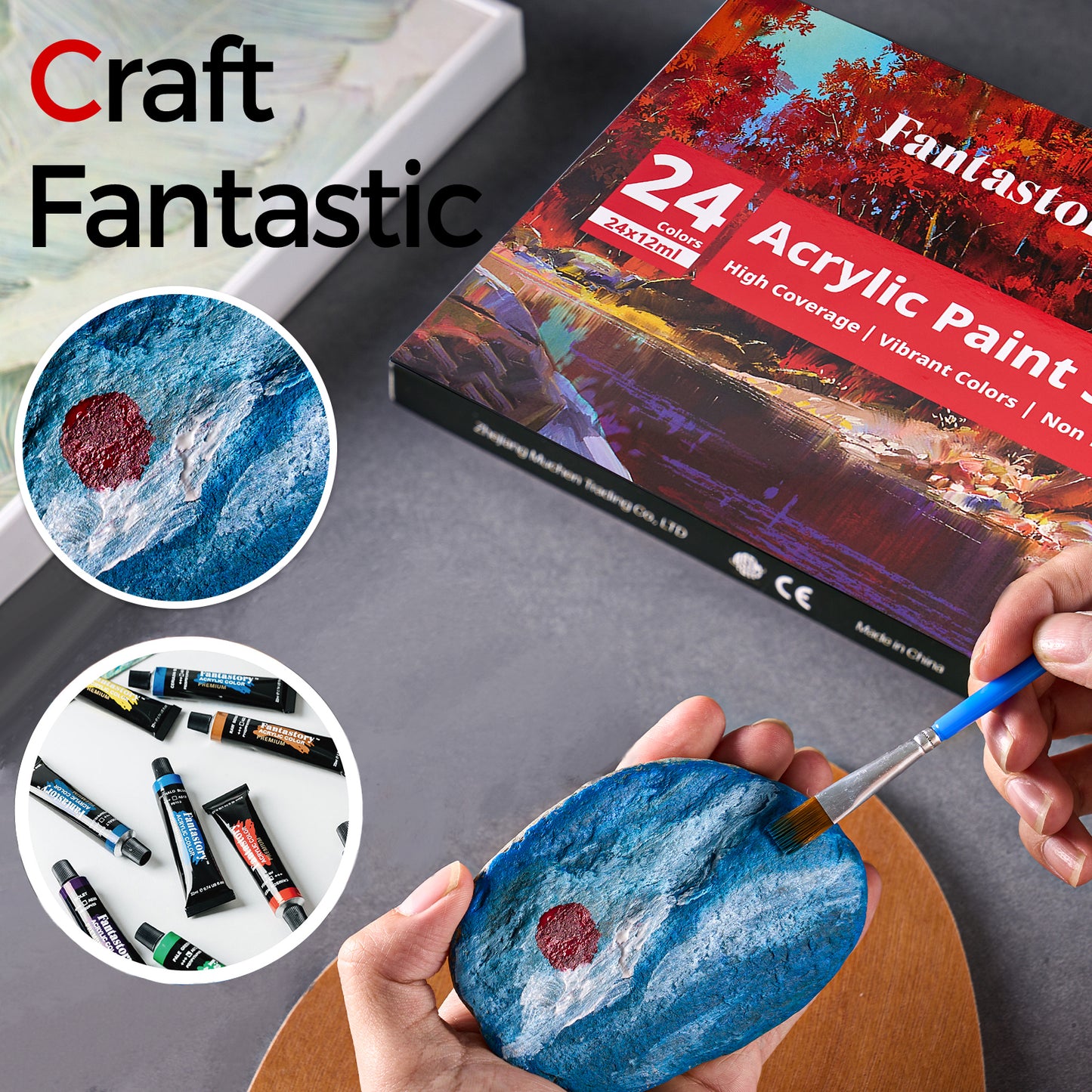 Fantastory 12ML 24 Colors Acrylic Paint Set with 3 Paint Brushes for Crafts and Painters