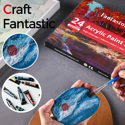 Fantastory 12ML 24 Colors Acrylic Paint Set with 3 Paint Brushes for Crafts and Painters