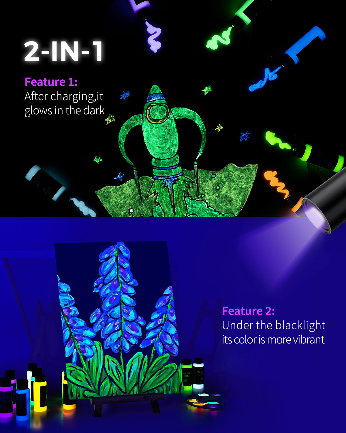 Fantastory Glow in The Dark Paint - 10 Extra Bright Colors 60 ml / 2 oz Glow in Dark Acrylic Paint