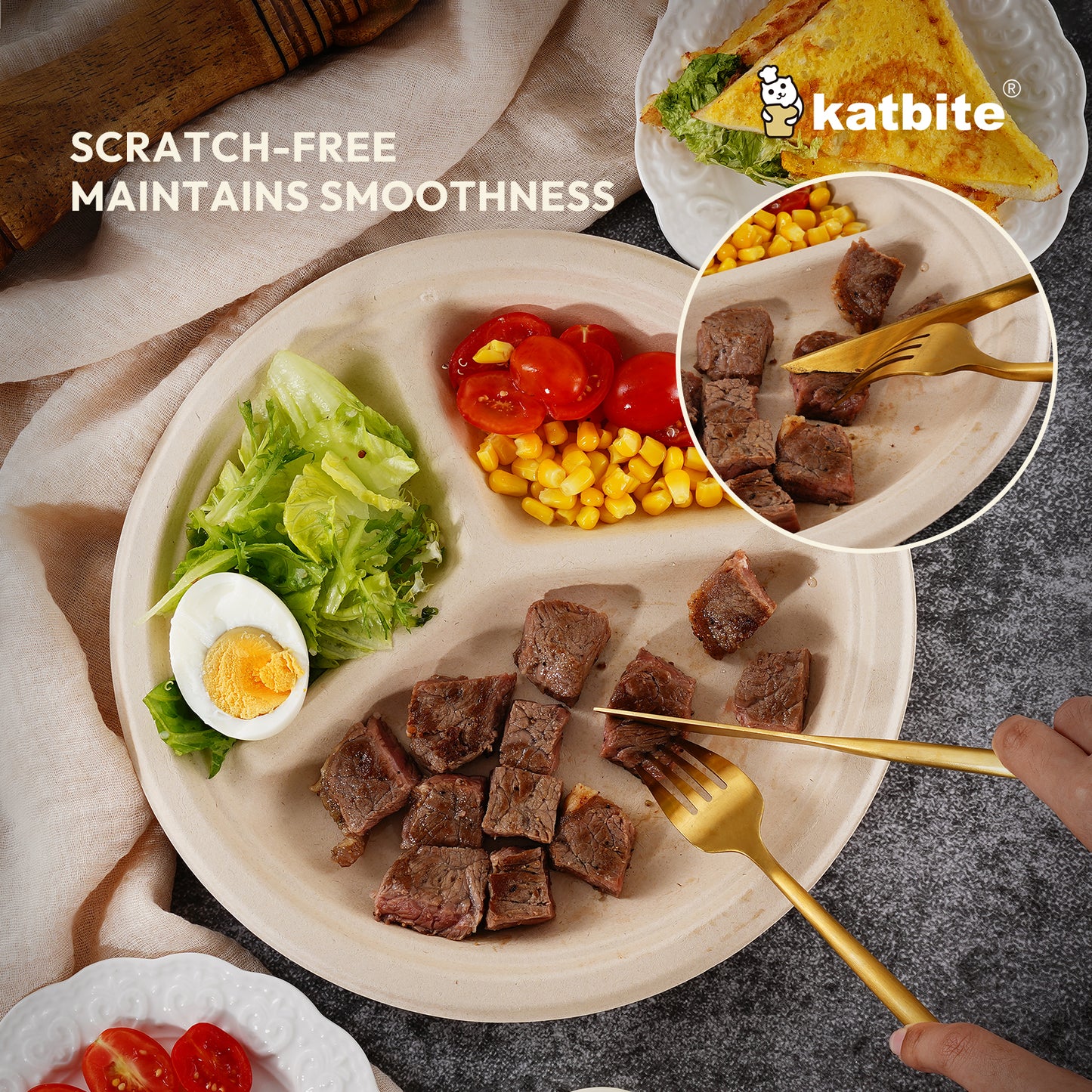 Katbite Disposable Paper Plates 3-Compartment Plates, 10 Inch, 100 Count