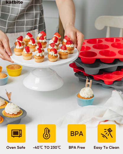 Katbite Silicone Muffin Pan, Non-stick BPA Free Cupcake Pans 12 Cups With 6 baking cups,Grey