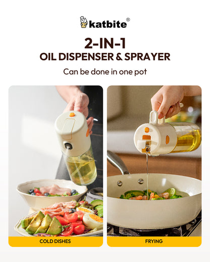 Katbite 2-in-1 oil sprayer and dispenser, 18.6 oz glass bottle with one-touch lid, leakproof, fine mist for cooking, salad, air fryer