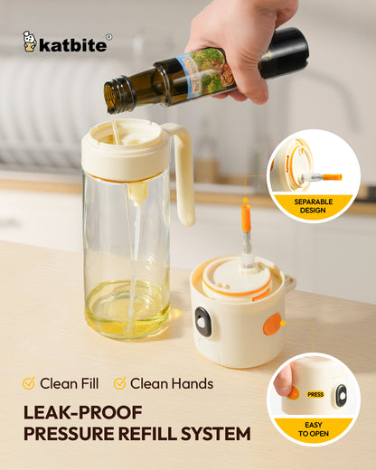 Katbite 2-in-1 oil sprayer and dispenser, 18.6 oz glass bottle with one-touch lid, leakproof, fine mist for cooking, salad, air fryer