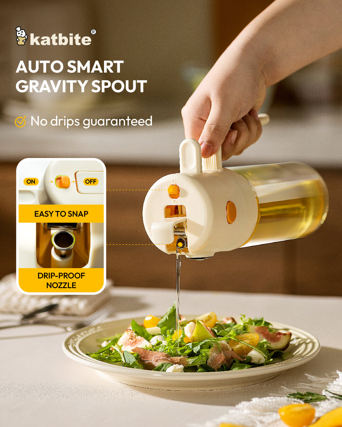 Katbite 2-in-1 oil sprayer and dispenser, 18.6 oz glass bottle with one-touch lid, leakproof, fine mist for cooking, salad, air fryer