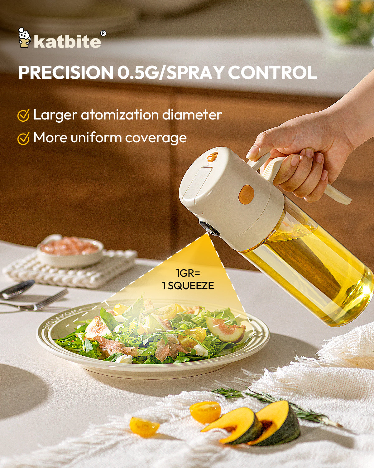 Katbite 2-in-1 oil sprayer and dispenser, 18.6 oz glass bottle with one-touch lid, leakproof, fine mist for cooking, salad, air fryer