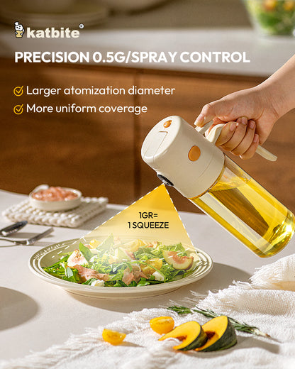 Katbite 2-in-1 oil sprayer and dispenser, 18.6 oz glass bottle with one-touch lid, leakproof, fine mist for cooking, salad, air fryer
