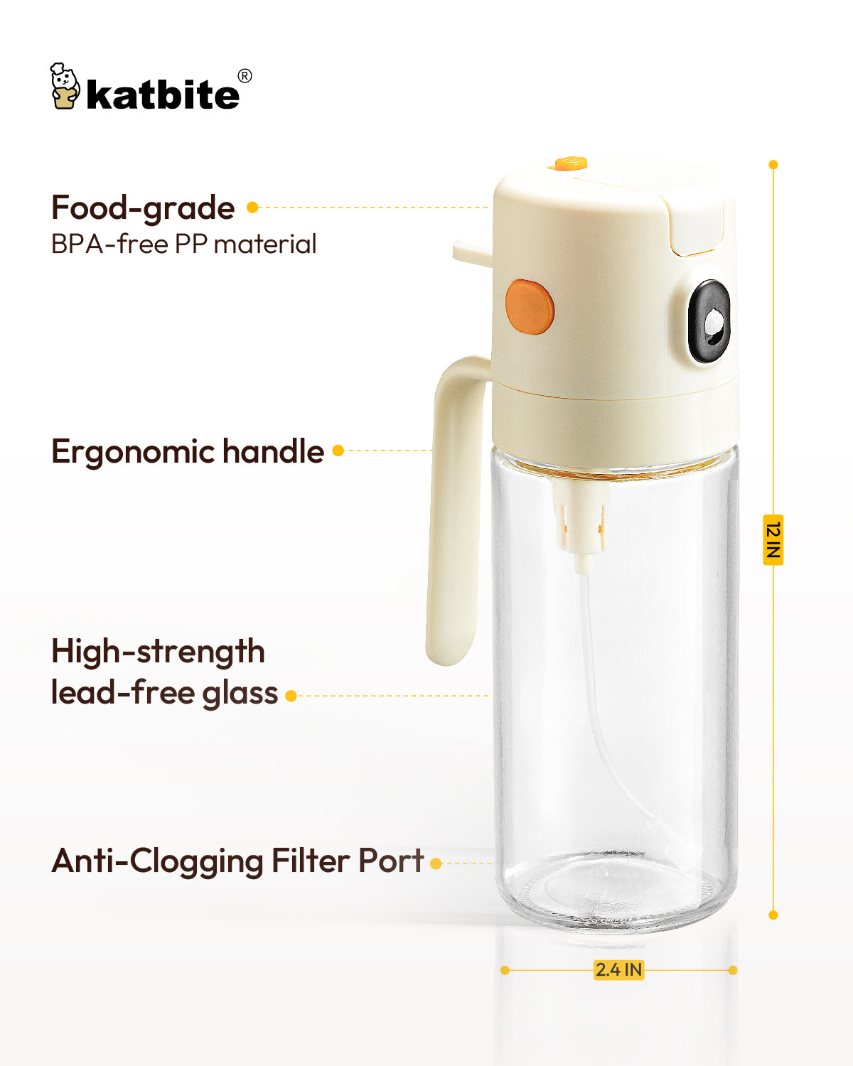 Katbite 2-in-1 oil sprayer and dispenser, 18.6 oz glass bottle with one-touch lid, leakproof, fine mist for cooking, salad, air fryer