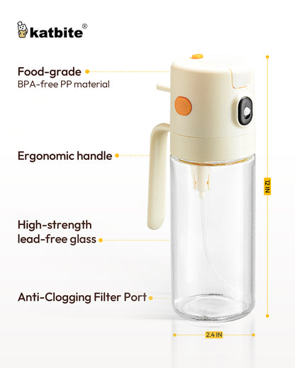 Katbite 2-in-1 oil sprayer and dispenser, 18.6 oz glass bottle with one-touch lid, leakproof, fine mist for cooking, salad, air fryer