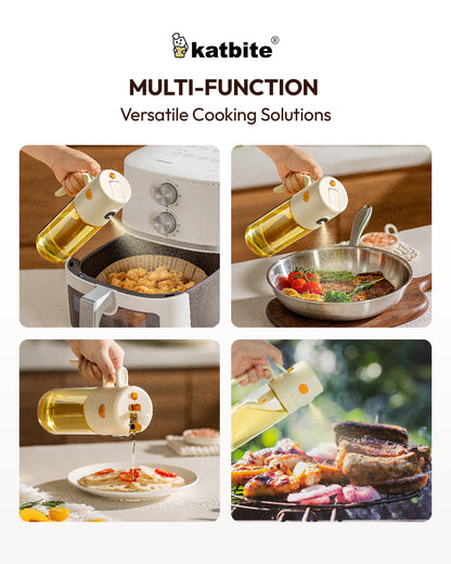 Katbite 2-in-1 oil sprayer and dispenser, 18.6 oz glass bottle with one-touch lid, leakproof, fine mist for cooking, salad, air fryer