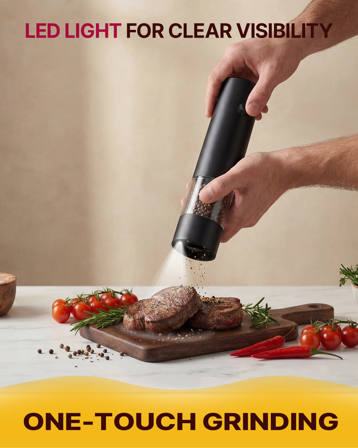 Katbite Electric Salt and Pepper Grinder Set, Battery Powered Mill, Adjustable Coarseness, LED Light