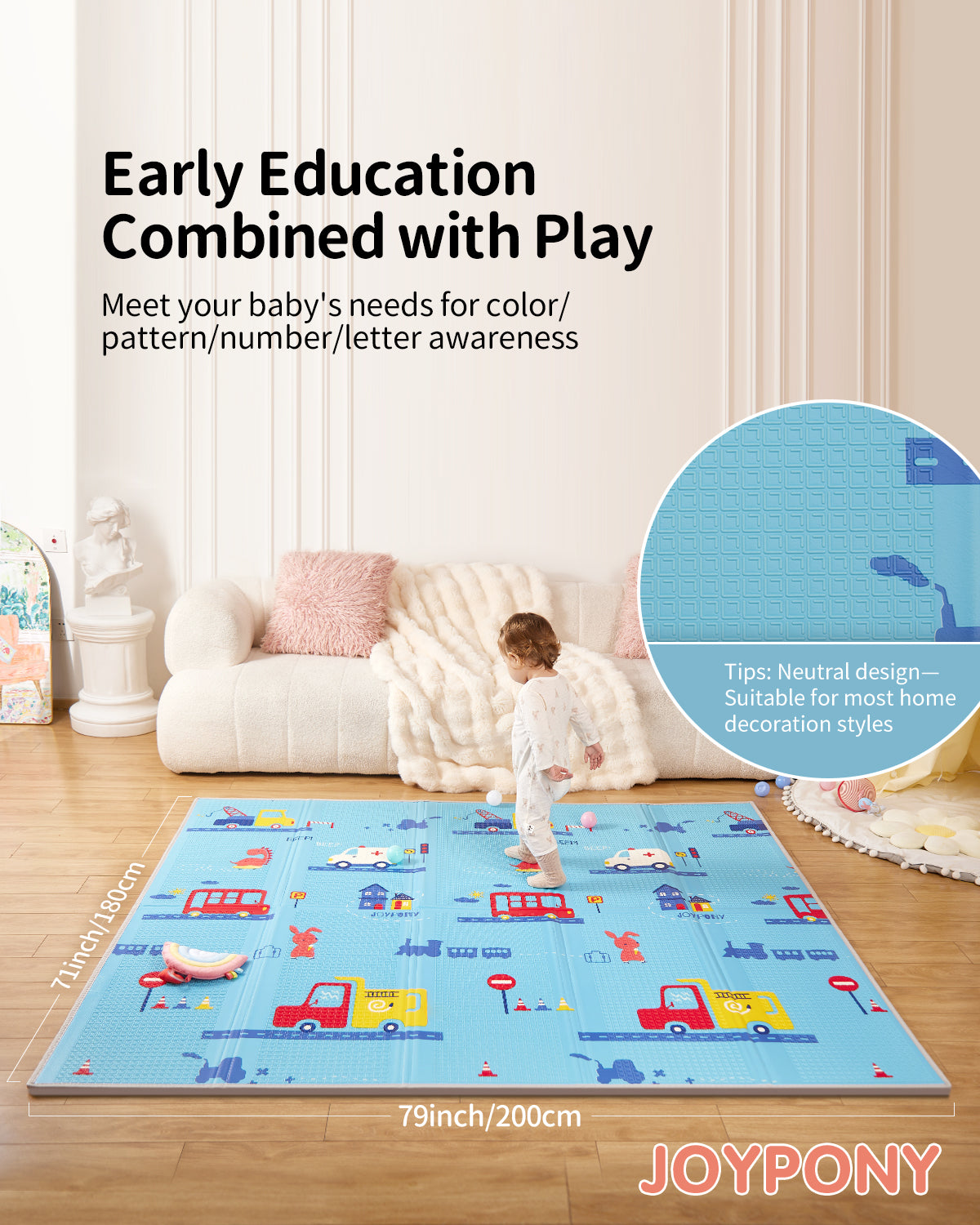 Joypony 79"x71" Waterproof Foldable Play Mat with Travel Bag – Extra Large for Babies & Toddlers