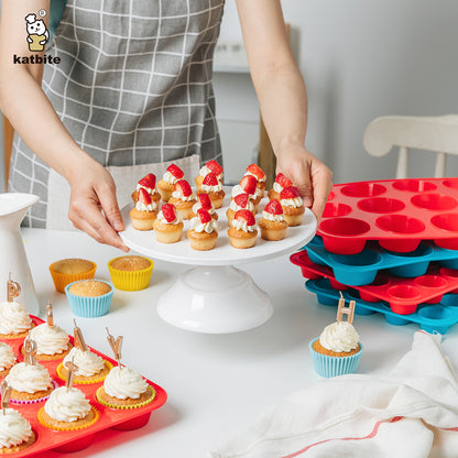 Katbite 12 Cups Silicone Muffin Pan Non-stick Cupcake Pans Silicone Baking Cups,Red.