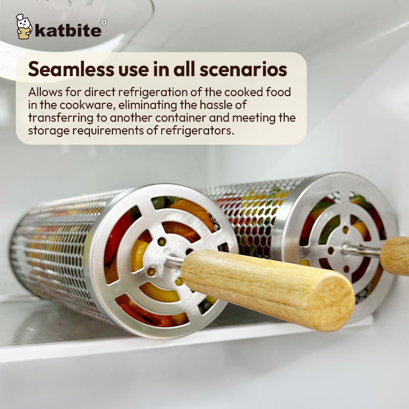 Katbite 2-Pack Rolling Grill Baskets with Removable Wooden Handles, 304 Stainless Steel BBQ Baskets