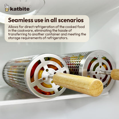 Katbite 2-Pack Rolling Grill Baskets with Removable Wooden Handles, 304 Stainless Steel BBQ Baskets