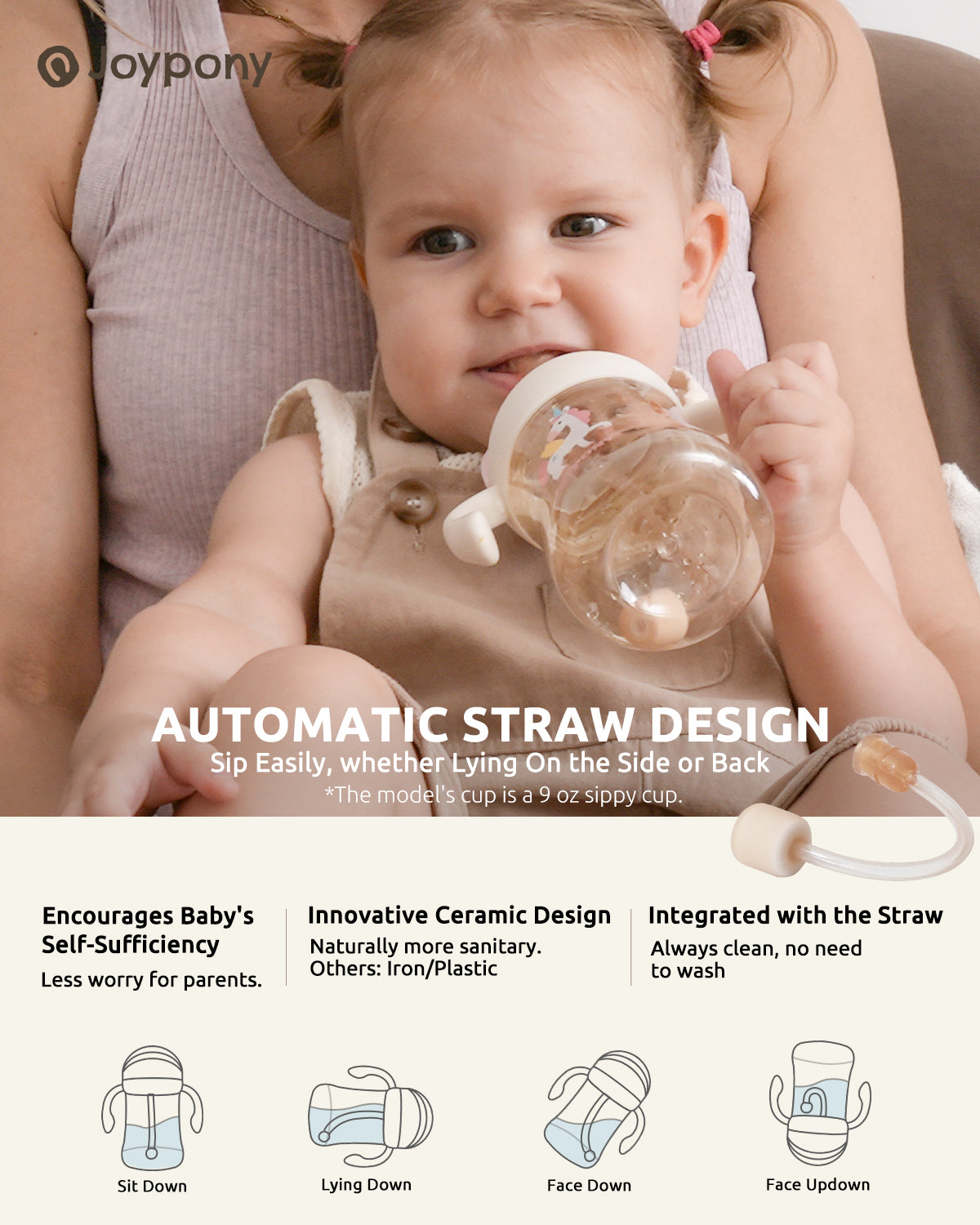 Joypony Baby Sippy Cups 6-12 Months, Spill Proof Weighted Straw Cup with Handle for Toddlers 1-3, 2 Silicone Straws, PPSU, BPA Free, 6 oz (Pink)