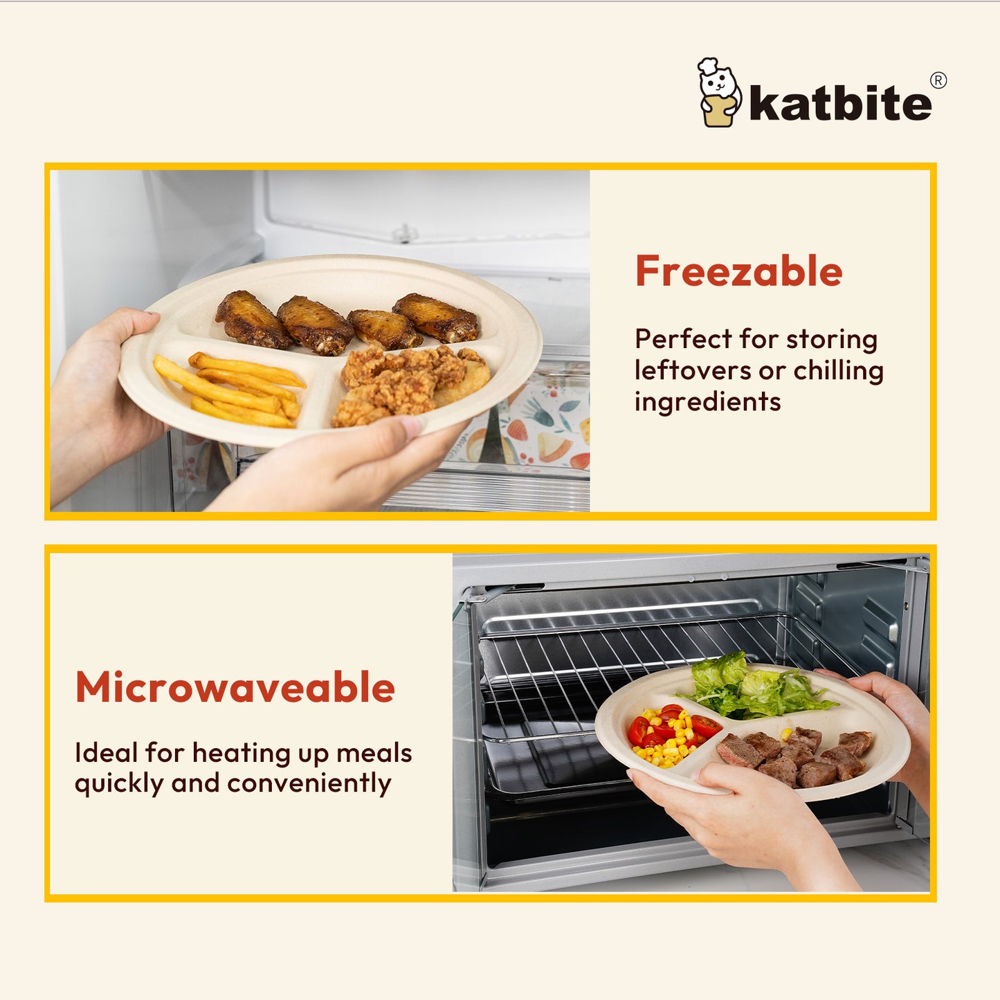 Katbite Disposable Paper Plates 3-Compartment Plates, 10 Inch, 100 Count