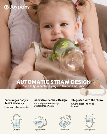 Joypony Spill-Proof Sippy Cup with Weighted Straw, PPSU Baby Cup with Handles for Toddlers 1-3, 6M+, BPA Free, 2 Silicone Straws, 9oz,Green