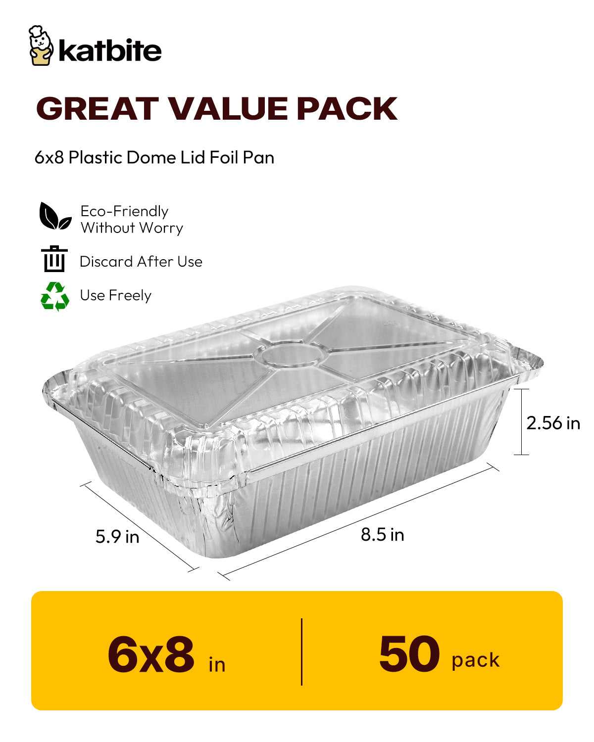 Katbite 6x8 Inch Aluminum Foil Pans with Plastic Lids, 50 Pack Disposable Food Containers for Baking, Meal Prep, Freezer, Takeout