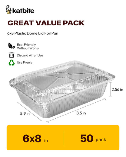 Katbite 6x8 Inch Aluminum Foil Pans with Plastic Lids, 50 Pack Disposable Food Containers for Baking, Meal Prep, Freezer, Takeout