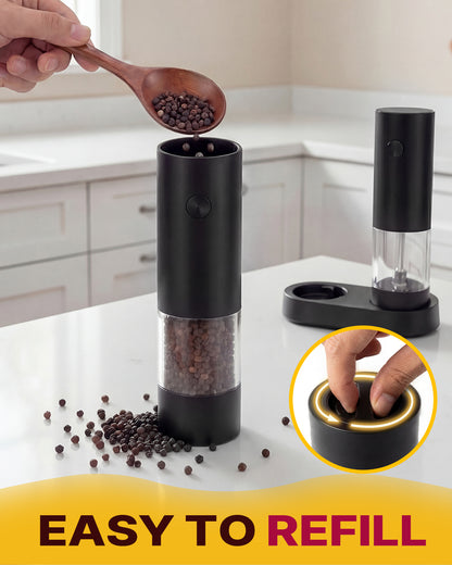 Katbite Electric Salt and Pepper Grinder Set, Battery Powered Mill, Adjustable Coarseness, LED Light