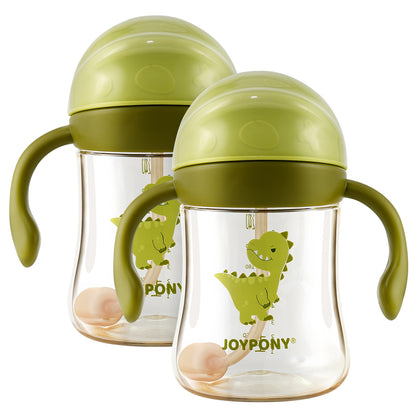 (2 pack) Joypony Spill-Proof Sippy Cup with Weighted Straw, PPSU Baby Cup with Handles for Toddlers 1-3, 6M+, BPA Free, 2 Silicone Straws, 9oz,Green