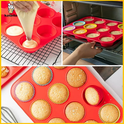 Katbite Silicone Mini Muffin Pan 24 Cups Cupcake Pan Food Grade Silicone Molds for Baking,Red