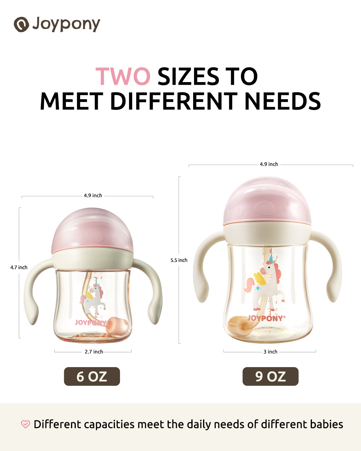 Joypony Baby Sippy Cups 6-12 Months, Spill Proof Weighted Straw Cup with Handle for Toddlers 1-3, 2 Silicone Straws, PPSU, BPA Free, 6 oz (Pink)