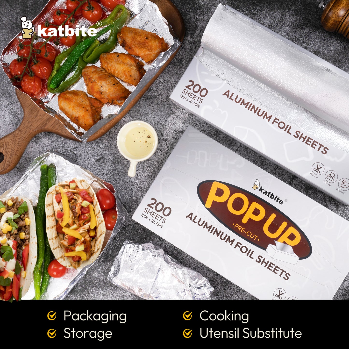 Katbite Pre-Cut Aluminum Foil Sheets, 200 Disposable Pop-Up Foil Wraps, 12 x 10.75 inches