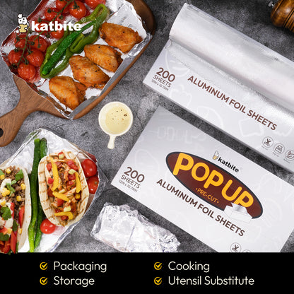 Katbite Pre-Cut Aluminum Foil Sheets, 200 Disposable Pop-Up Foil Wraps, 12 x 10.75 inches