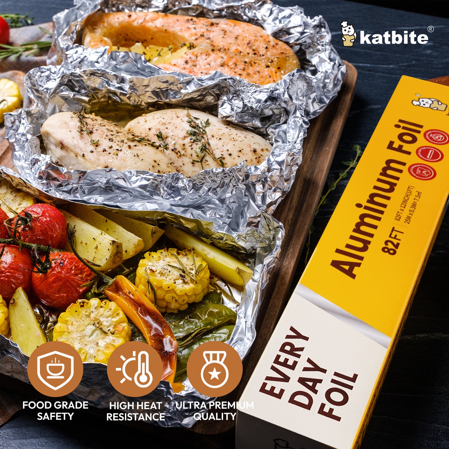 Katbite Heavy Duty Aluminum Foil Food Wrap, 12in x 82ft, Thick with Cutter, 82 Sqft.