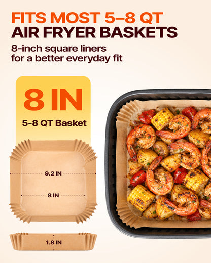 Katbite Air Fryer Liners, Unbleached Parchment Paper, 8 in Square, 260 Count, Non-Stick, Disposable