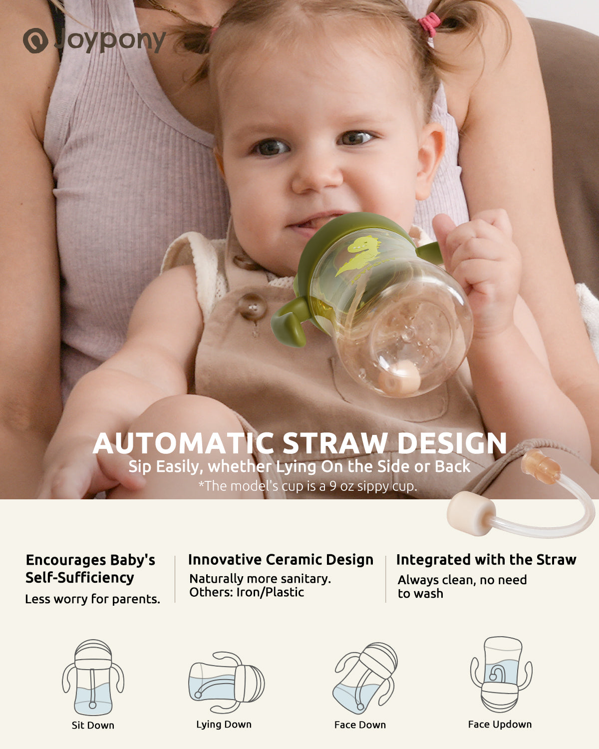 Joypony Baby Sippy Cups 6-12 Months, Spill Proof Weighted Straw Cup with Handle for Toddlers 1-3, 2 Silicone Straws, PPSU, BPA Free, 6 oz (Green)