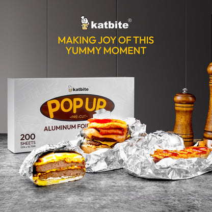 Katbite Pre-Cut Aluminum Foil Sheets, 200 Disposable Pop-Up Foil Wraps, 12 x 10.75 inches