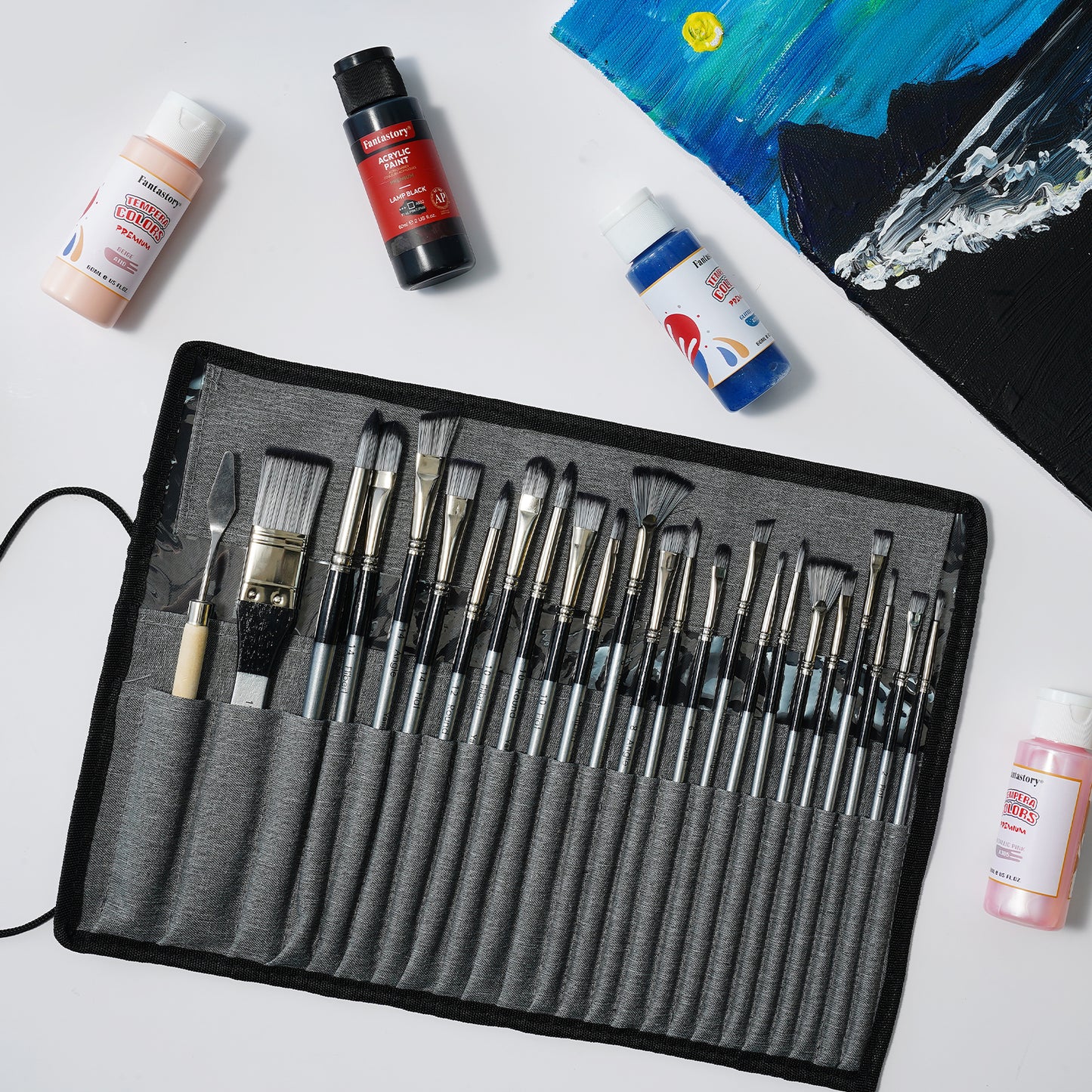 Fantastory Acrylic Paint Brush Set, 24 Pcs Variety Soft Nylon Art Brushes with Canvas Case