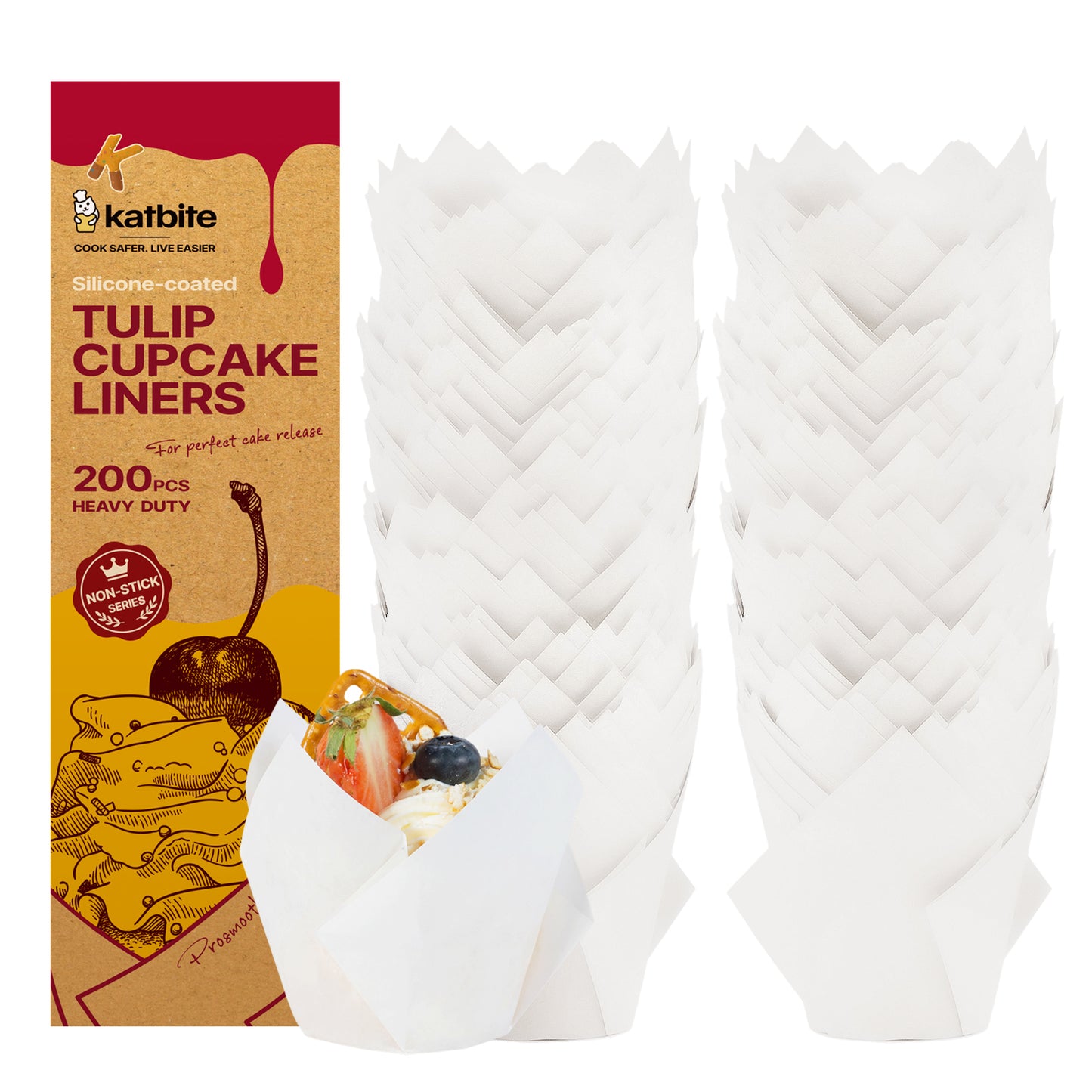 Katbite White Tulip Cupcake Liners – 200 Pcs, Standard Size, Food-Grade Baking Cups, Non-Stick Double-Sided Silicone Coating, Quick Release & Greaseproof