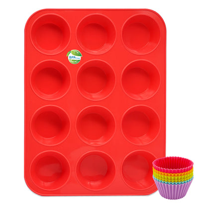 Katbite 12 Cups Silicone Muffin Pan Non-stick Cupcake Pans Silicone Baking Cups,Red.