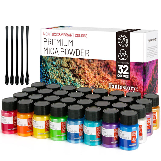 Fantastory Mica Powder for Epoxy Resin, 32 Colors(0.35oz/10g) Cosmetic Grade Pigment Powder, Incl. 6 Jars Glitter Mica Powders for Candle Making, Car Freshies, Soap, Bath Bomb, Crafts, Slime