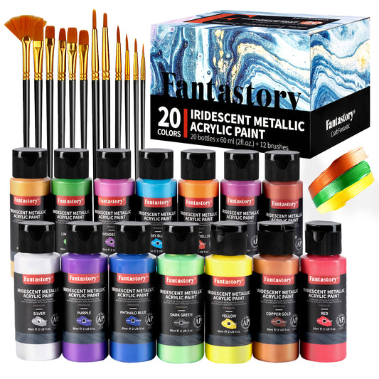 Fantastory Metallic Iridescent Acrylic Paint Set with 12 Brushes, 20 x 2oz Metallic Colors, Color-Shifting, Craft Paint Kit, Metal/Canvas/Rock/Stone/Ceramic/Model/Wood Painting