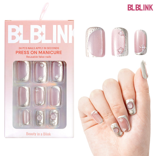 BLBLINK Cat Eye Press-On Nails, 30PCS Square Shape with Bubble Bead Silver Edge Design